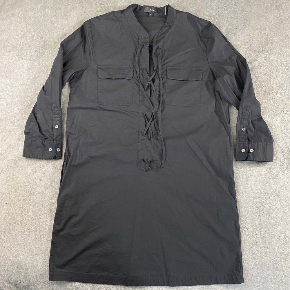 Theory Tunic‎ Dress Womens 10 Black Jullitah Light Poplin Lace Up Utility Shift